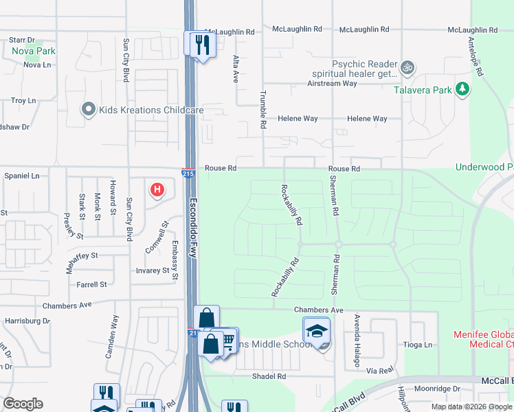 map of restaurants, bars, coffee shops, grocery stores, and more near Rouse Road in Menifee