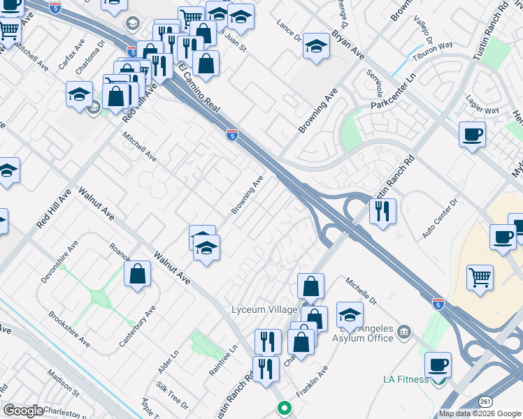 map of restaurants, bars, coffee shops, grocery stores, and more near 123 Madrid Street in Tustin