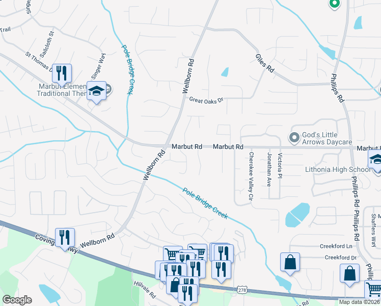 map of restaurants, bars, coffee shops, grocery stores, and more near 2148 Sara Ashley Way in Lithonia