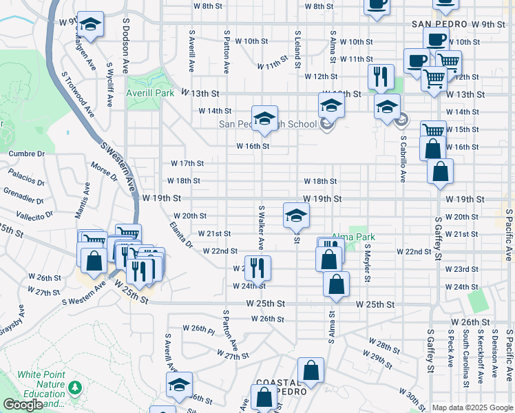map of restaurants, bars, coffee shops, grocery stores, and more near 1917 South Walker Avenue in Los Angeles