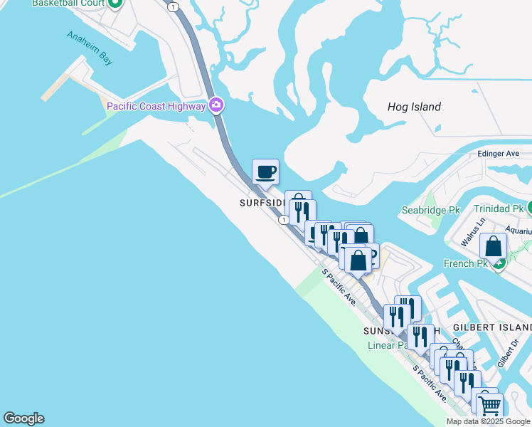 map of restaurants, bars, coffee shops, grocery stores, and more near 12296 Surfside Avenue in Huntington Beach