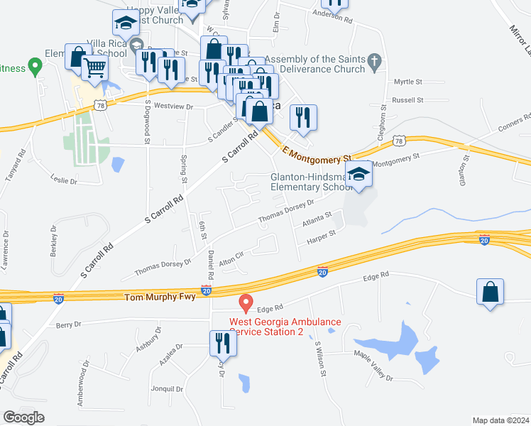 map of restaurants, bars, coffee shops, grocery stores, and more near 317 Thomas Dorsey Drive in Villa Rica