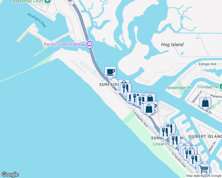 map of restaurants, bars, coffee shops, grocery stores, and more near Surfside Avenue in Seal Beach