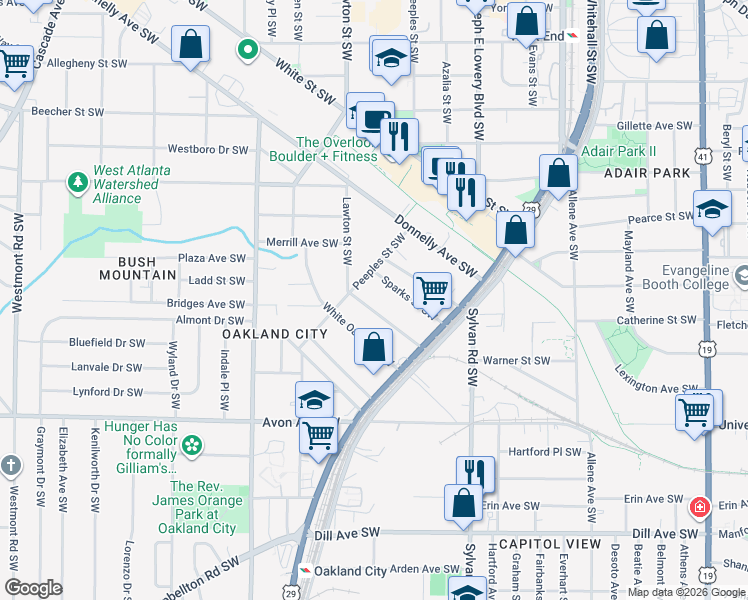 map of restaurants, bars, coffee shops, grocery stores, and more near 1033 Lawton Avenue Southwest in Atlanta