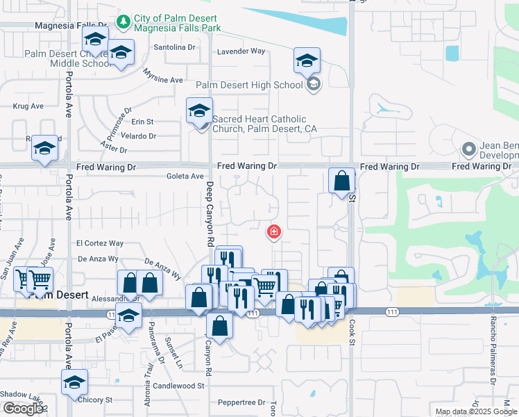 map of restaurants, bars, coffee shops, grocery stores, and more near 44299 Capri Court in Palm Desert