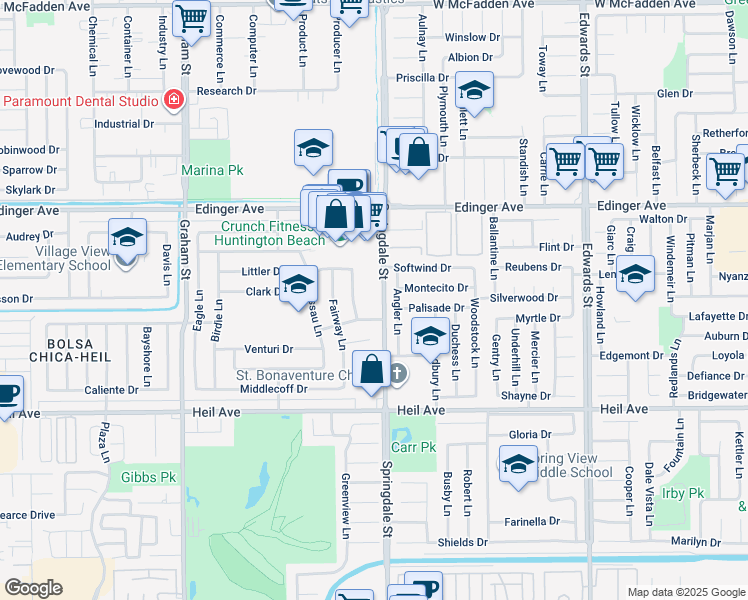 map of restaurants, bars, coffee shops, grocery stores, and more near 16171 Springdale Street in Huntington Beach