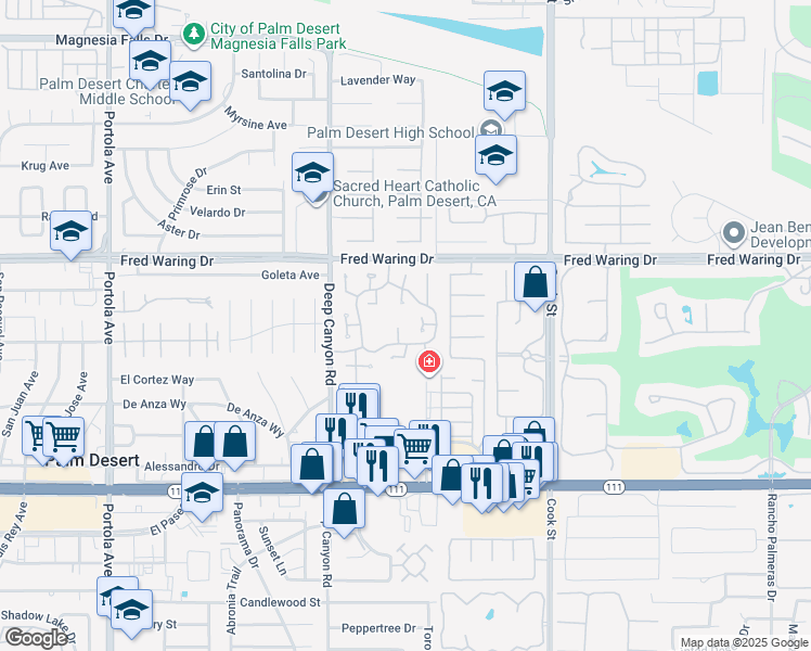 map of restaurants, bars, coffee shops, grocery stores, and more near 44299 Capri Court in Palm Desert