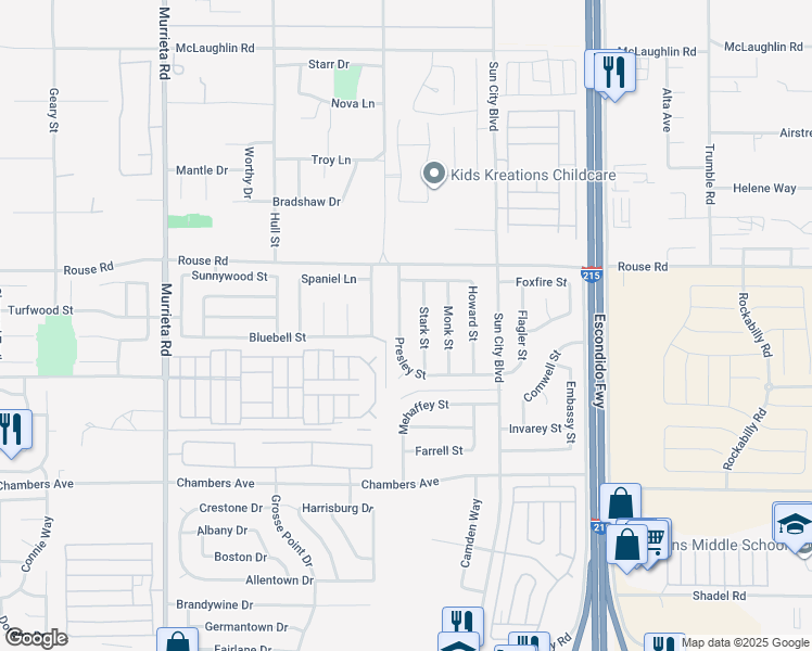 map of restaurants, bars, coffee shops, grocery stores, and more near 27114 Presley Street in Menifee