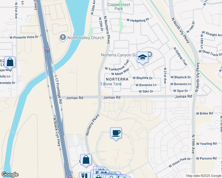 map of restaurants, bars, coffee shops, grocery stores, and more near 2417 West Spur Drive in Phoenix