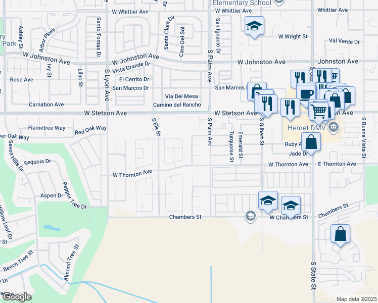 map of restaurants, bars, coffee shops, grocery stores, and more near 1257 Moonstone Street in Hemet