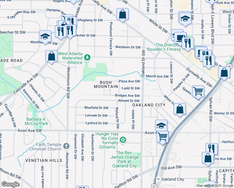 map of restaurants, bars, coffee shops, grocery stores, and more near 1321 Bridges Avenue Southwest in Atlanta