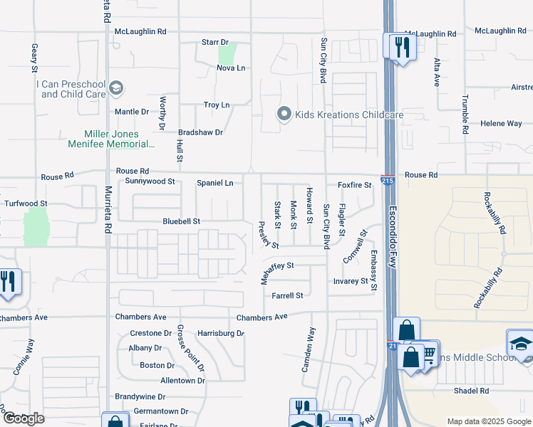 map of restaurants, bars, coffee shops, grocery stores, and more near 27114 Presley Street in Menifee