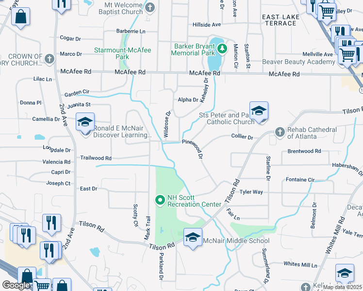 map of restaurants, bars, coffee shops, grocery stores, and more near 2239 Pinewood Drive in Decatur