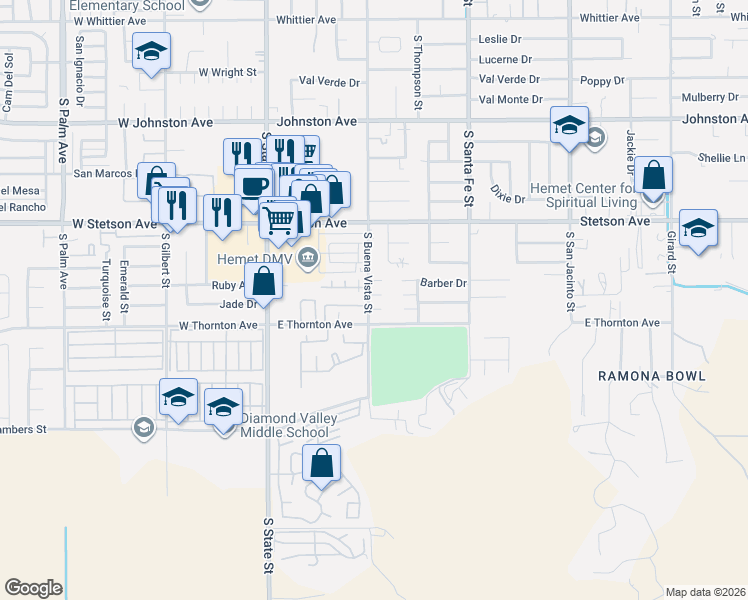 map of restaurants, bars, coffee shops, grocery stores, and more near 501 Palmer Drive in Hemet