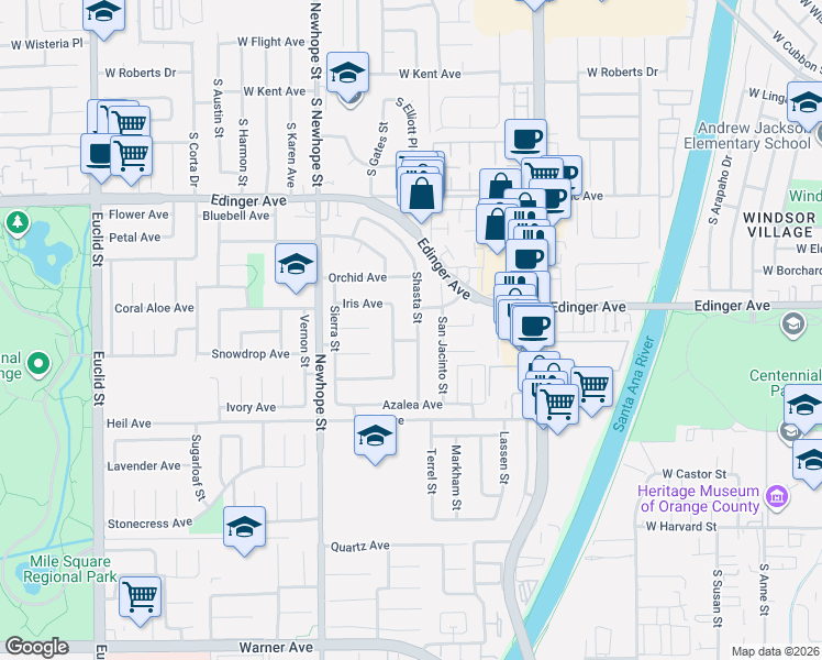 map of restaurants, bars, coffee shops, grocery stores, and more near 16297 Shasta Street in Fountain Valley