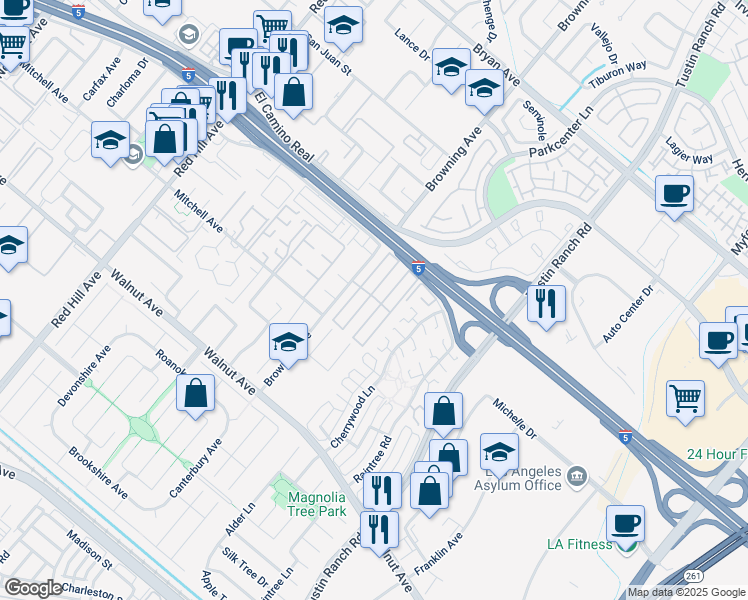 map of restaurants, bars, coffee shops, grocery stores, and more near in Tustin