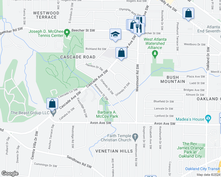 map of restaurants, bars, coffee shops, grocery stores, and more near 1639 Orlando Street Southwest in Atlanta