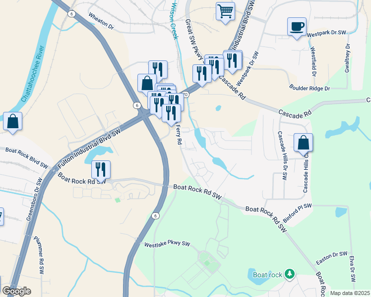 map of restaurants, bars, coffee shops, grocery stores, and more near 5619 South Monte Vista Drive Southwest in Atlanta