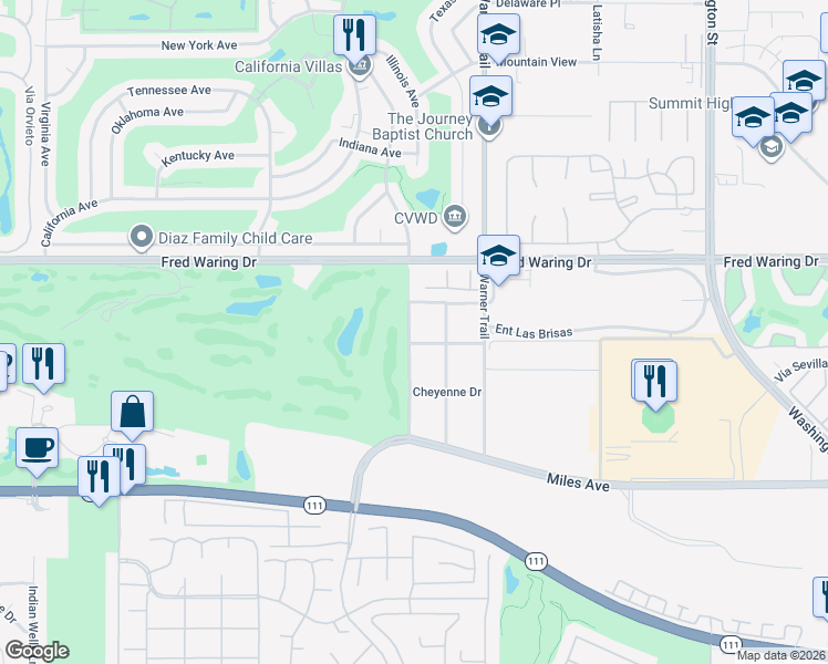 map of restaurants, bars, coffee shops, grocery stores, and more near 44320 Elkhorn Trail in Indian Wells