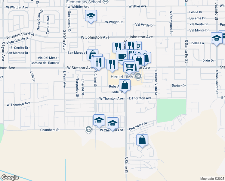 map of restaurants, bars, coffee shops, grocery stores, and more near 240 Jade Drive in Hemet