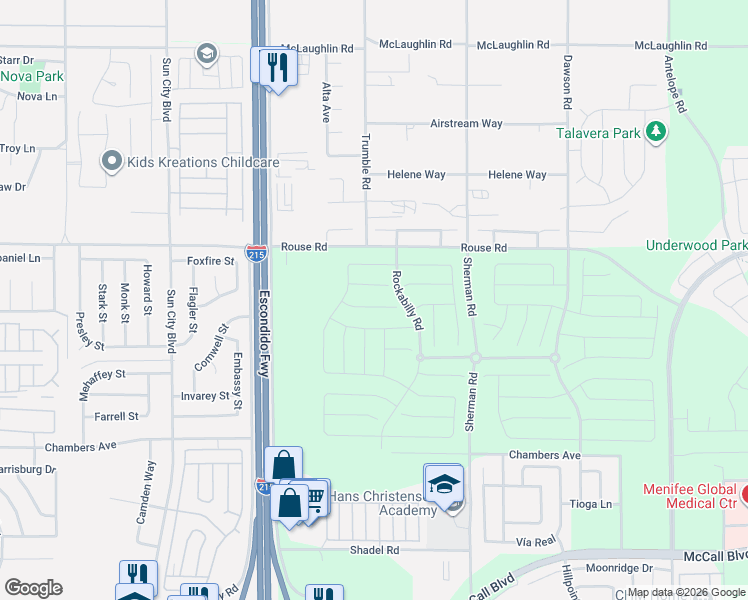 map of restaurants, bars, coffee shops, grocery stores, and more near Rouse Road in Menifee