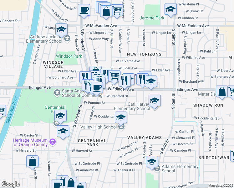 map of restaurants, bars, coffee shops, grocery stores, and more near 2417 West Stanford Street in Santa Ana