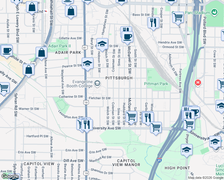 map of restaurants, bars, coffee shops, grocery stores, and more near 1035 Coleman Street Southwest in Atlanta