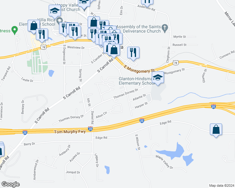 map of restaurants, bars, coffee shops, grocery stores, and more near 315 Thomas Dorsey Drive in Villa Rica