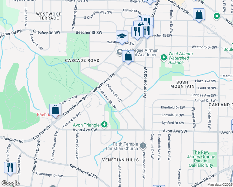 map of restaurants, bars, coffee shops, grocery stores, and more near 1639 Orlando Street Southwest in Atlanta