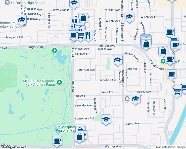 map of restaurants, bars, coffee shops, grocery stores, and more near 11191 Mount Emma Street in Fountain Valley