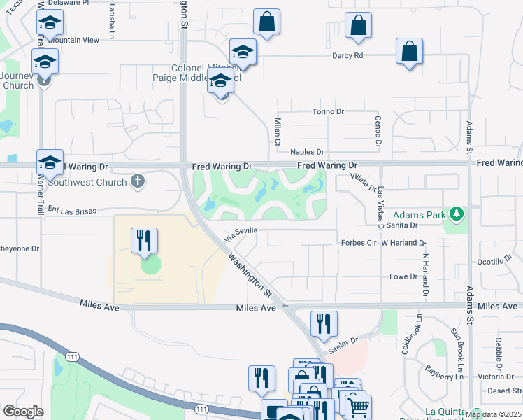 map of restaurants, bars, coffee shops, grocery stores, and more near 78225 Scarlet Court in La Quinta