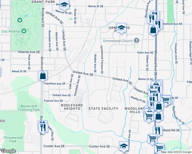 map of restaurants, bars, coffee shops, grocery stores, and more near 901 United Avenue Southeast in Atlanta