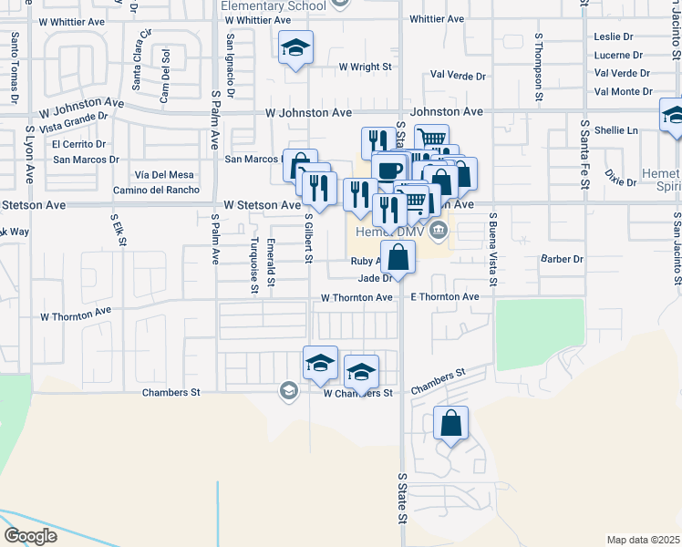 map of restaurants, bars, coffee shops, grocery stores, and more near 390 West Thornton Avenue in Hemet