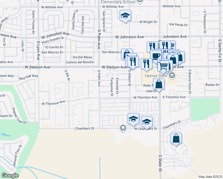 map of restaurants, bars, coffee shops, grocery stores, and more near 798 West Thornton Avenue in Hemet