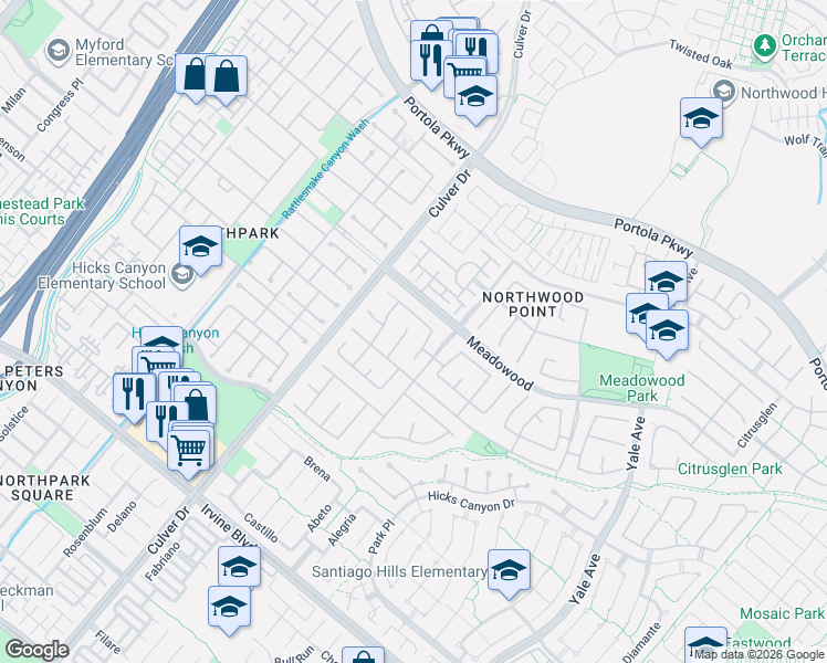 map of restaurants, bars, coffee shops, grocery stores, and more near 8 Clear Creek in Irvine