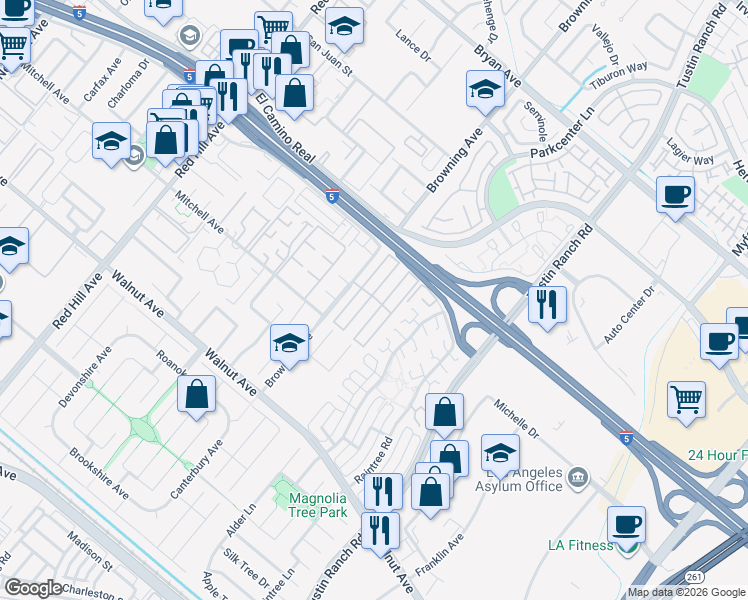 map of restaurants, bars, coffee shops, grocery stores, and more near 40 Madrid Street in Tustin