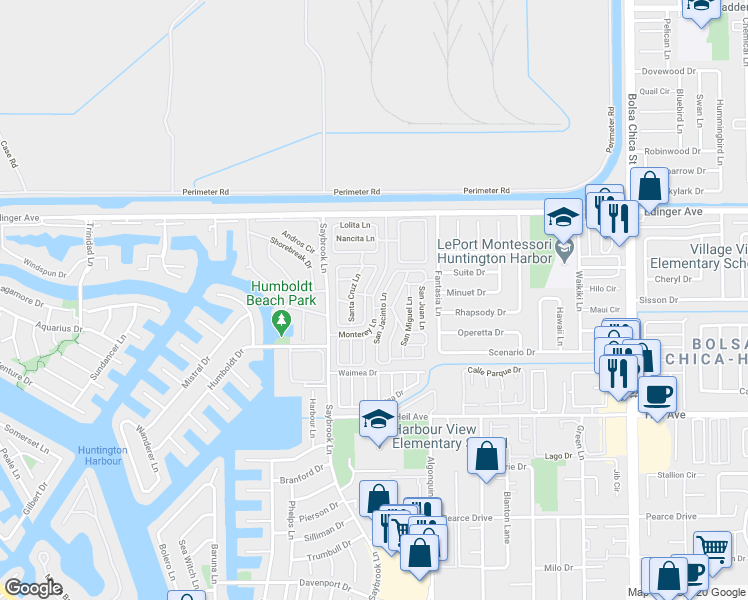 map of restaurants, bars, coffee shops, grocery stores, and more near 16223 Monterey Lane in Huntington Beach