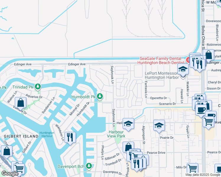 map of restaurants, bars, coffee shops, grocery stores, and more near 16241 Saybrook Lane in Huntington Beach