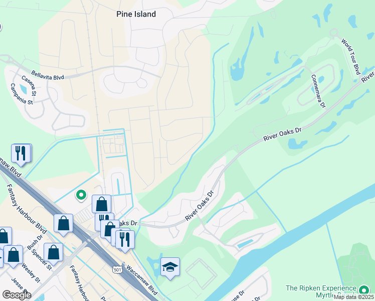map of restaurants, bars, coffee shops, grocery stores, and more near 577 Blue River Court in Myrtle Beach