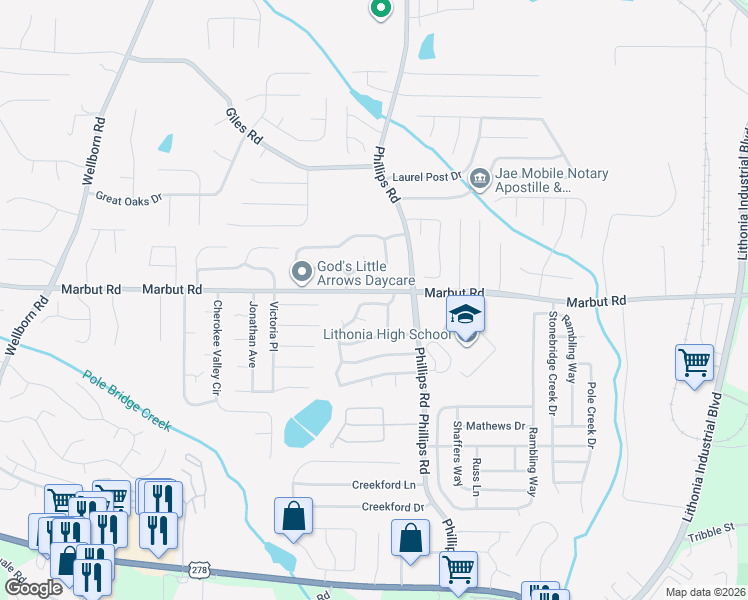 map of restaurants, bars, coffee shops, grocery stores, and more near 6119 Marbut Farms Chase in Lithonia