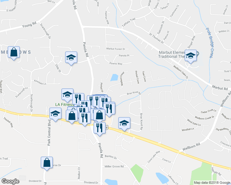 map of restaurants, bars, coffee shops, grocery stores, and more near 2479 Briar Knoll Road in Lithonia