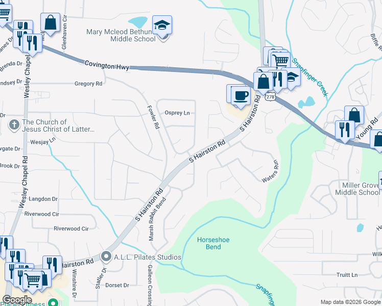map of restaurants, bars, coffee shops, grocery stores, and more near 2350 Marsh Rabbit Lane in Decatur
