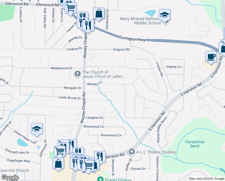 map of restaurants, bars, coffee shops, grocery stores, and more near 4411 Cross Lane in Decatur