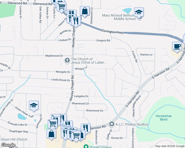 map of restaurants, bars, coffee shops, grocery stores, and more near 4411 Cross Lane in Decatur