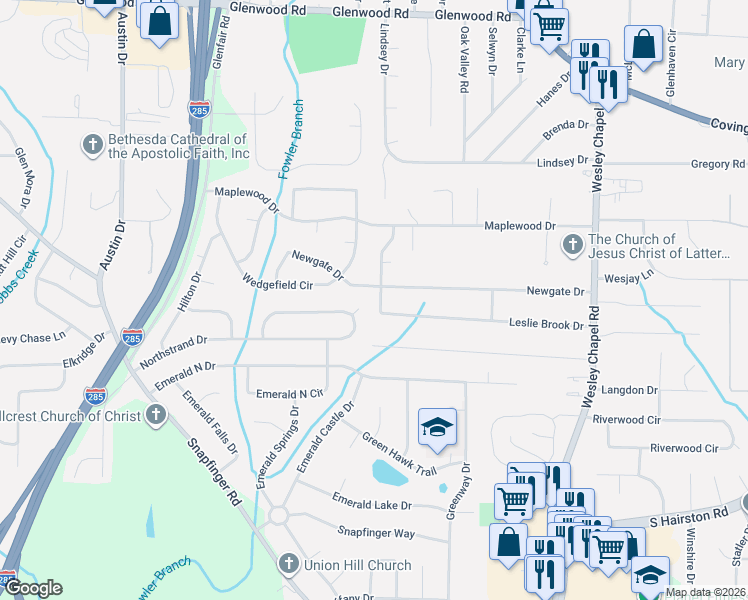map of restaurants, bars, coffee shops, grocery stores, and more near 2174 Leslie Brook Drive in Decatur