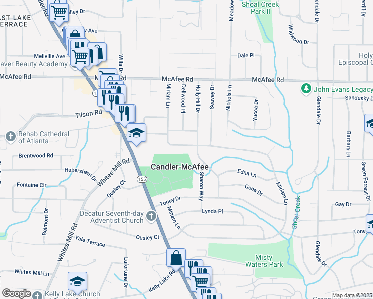 map of restaurants, bars, coffee shops, grocery stores, and more near 2191 Miriam Lane in Decatur