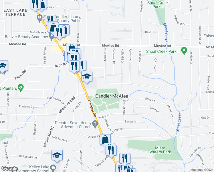 map of restaurants, bars, coffee shops, grocery stores, and more near in Candler-McAfee