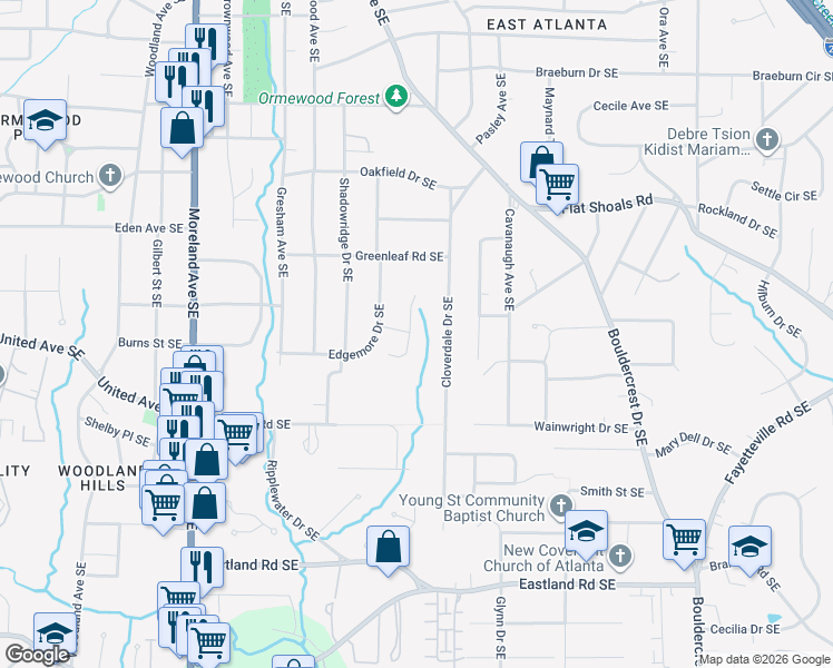map of restaurants, bars, coffee shops, grocery stores, and more near 2182 Cedarbrook Court Southeast in Atlanta