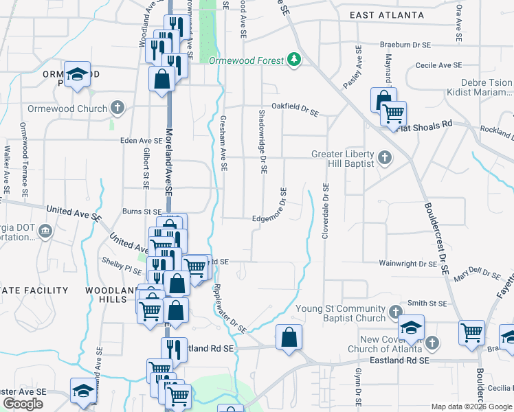 map of restaurants, bars, coffee shops, grocery stores, and more near 2215 Edgemore Drive Southeast in Atlanta