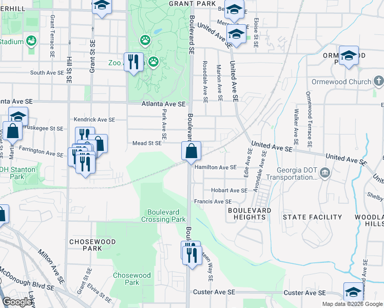map of restaurants, bars, coffee shops, grocery stores, and more near 1014 Boulevard Southeast in Atlanta